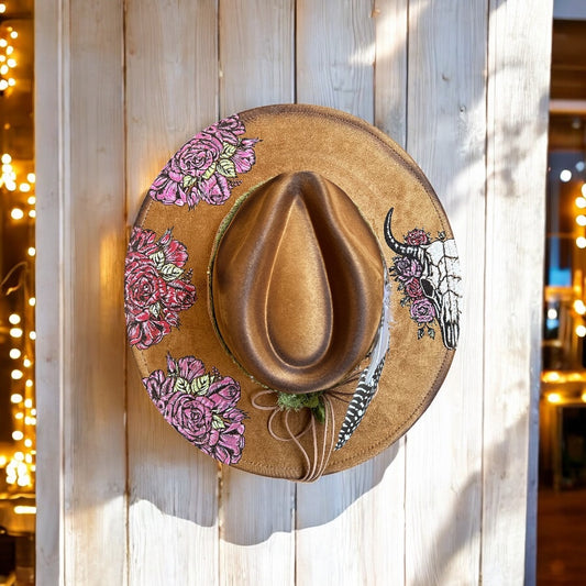 Wild Bloom Rancher — Hand-Painted Bull Skull & Floral Motif (Khaki)